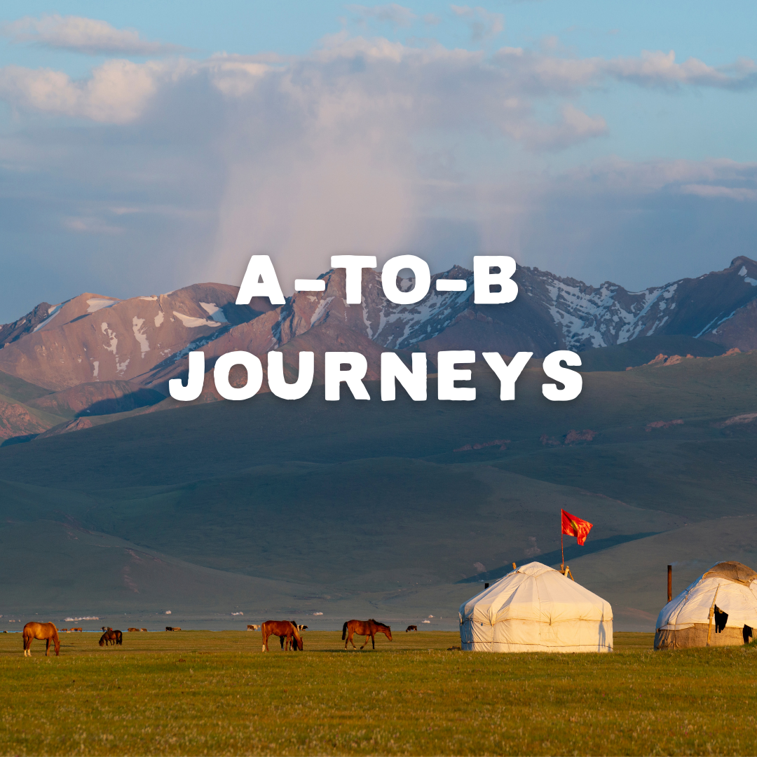 White tents or yurts with horses against mountains and the text A-to-B Journeys.