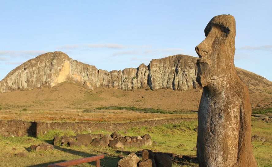 A Maoi statue infront of a ridge on Rapa Nui Island