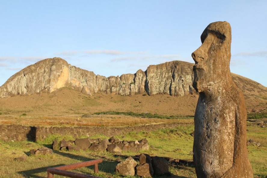 A Maoi statue infront of a ridge on Rapa Nui Island