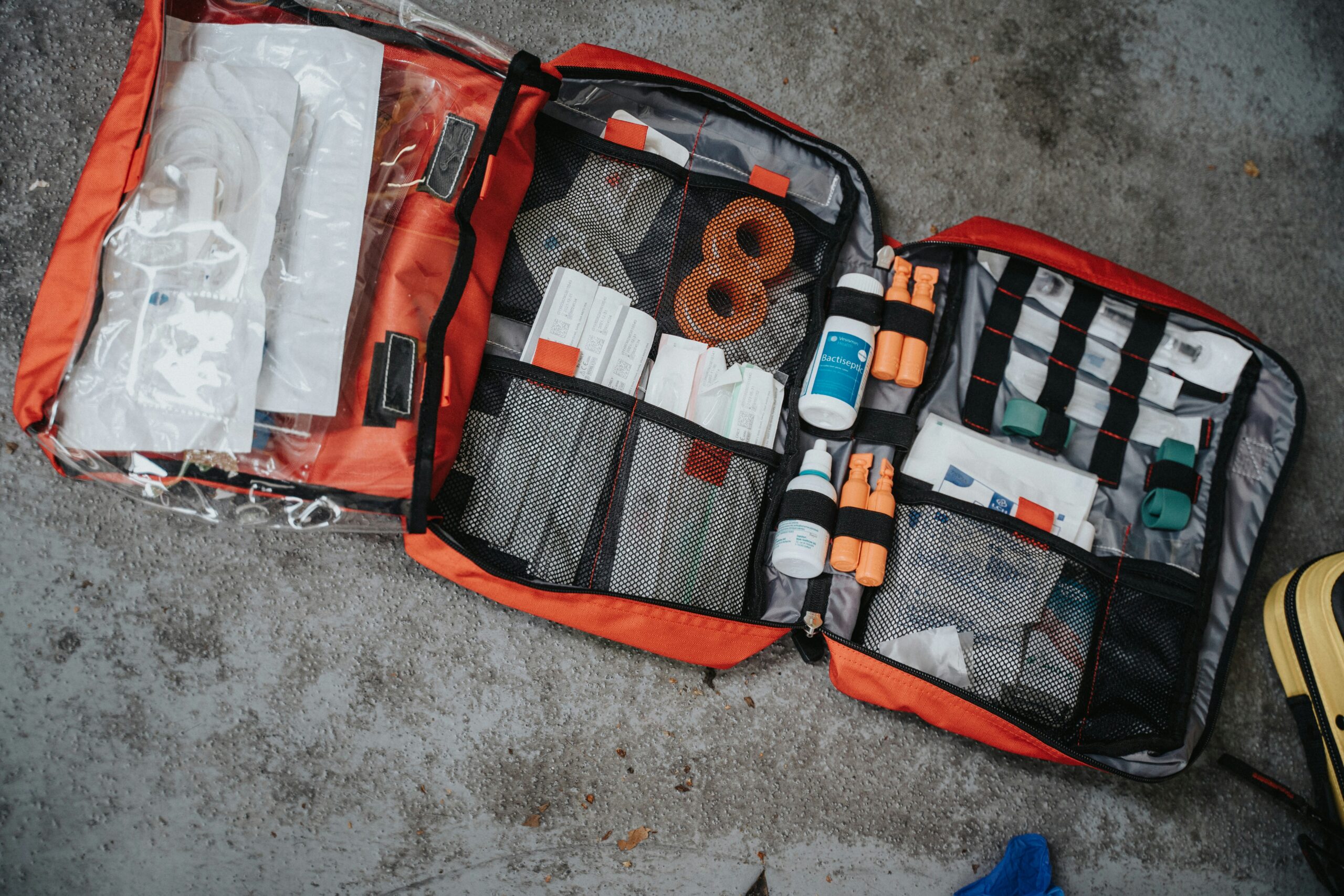 A first aid kit laid out