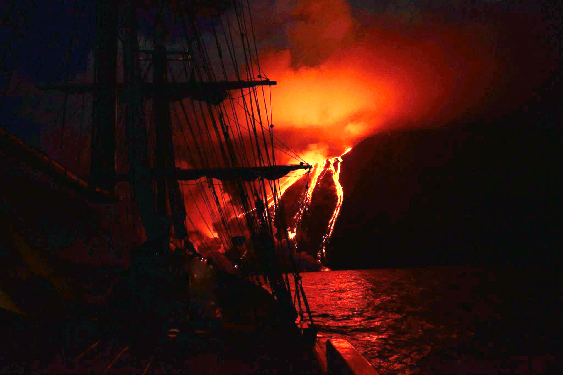 Florette anchored with volcano eruption, Aeolian Islands, Italy