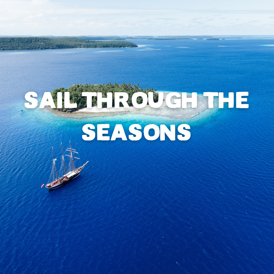 Sail Through The Seasons. A tall ship looks tiny against a tropical island in this drone shot